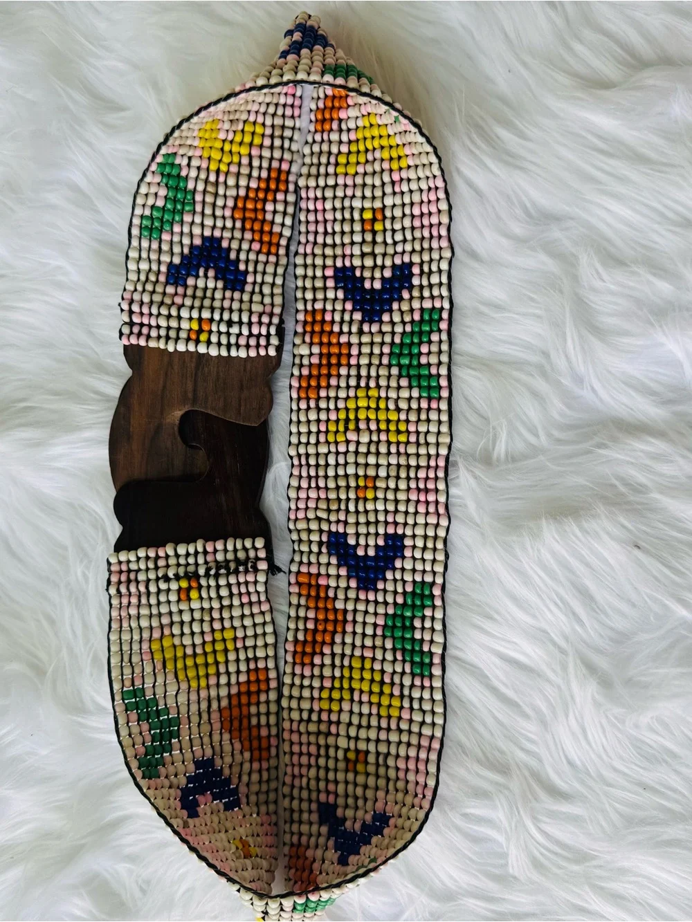 Handcrafted Reversible Multicolor Seed-Bead Waist Belt with Wooden Buckle